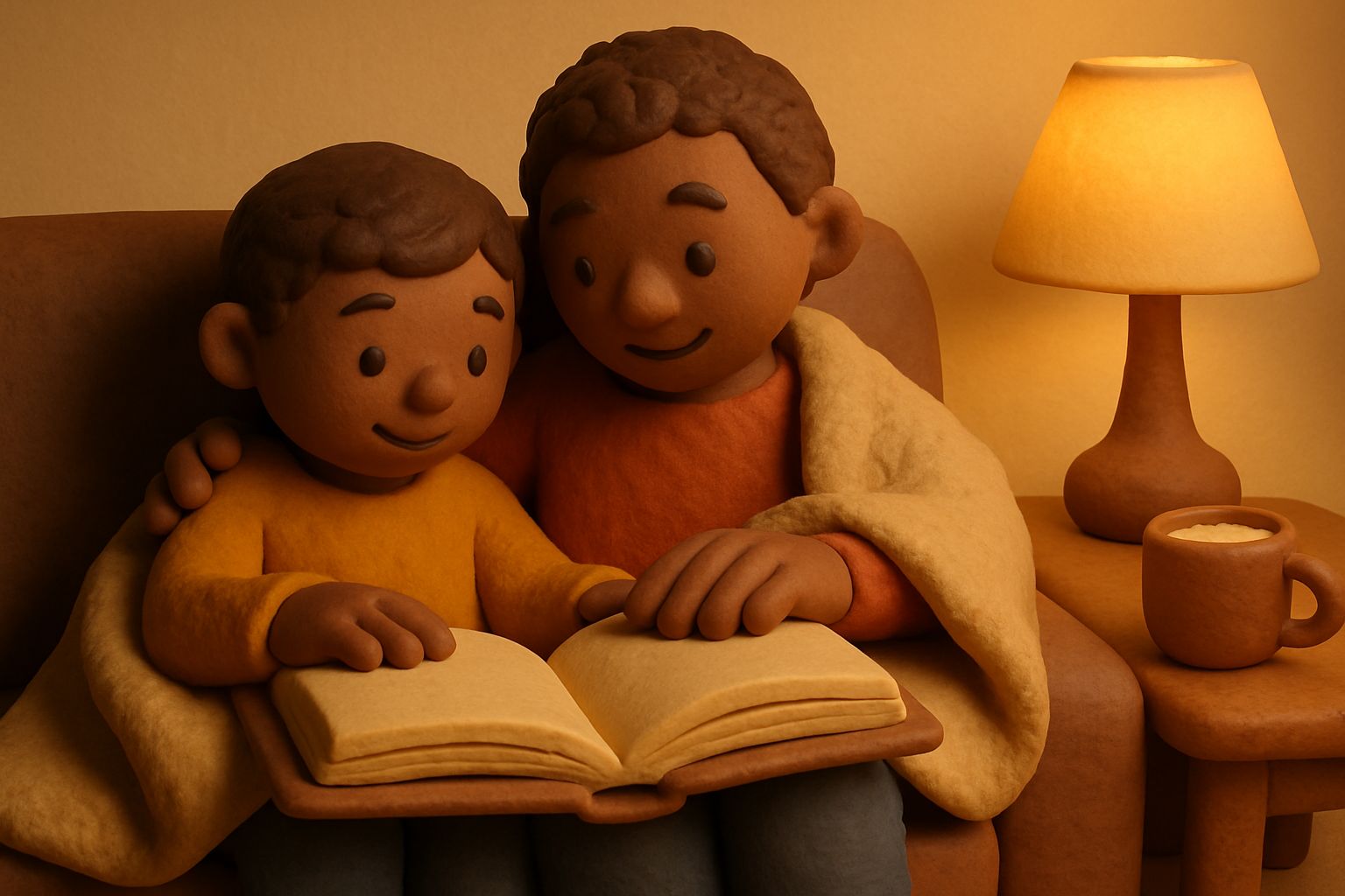 Illustratie van een ouder en kind die samen veilig op de bank een boek lezen