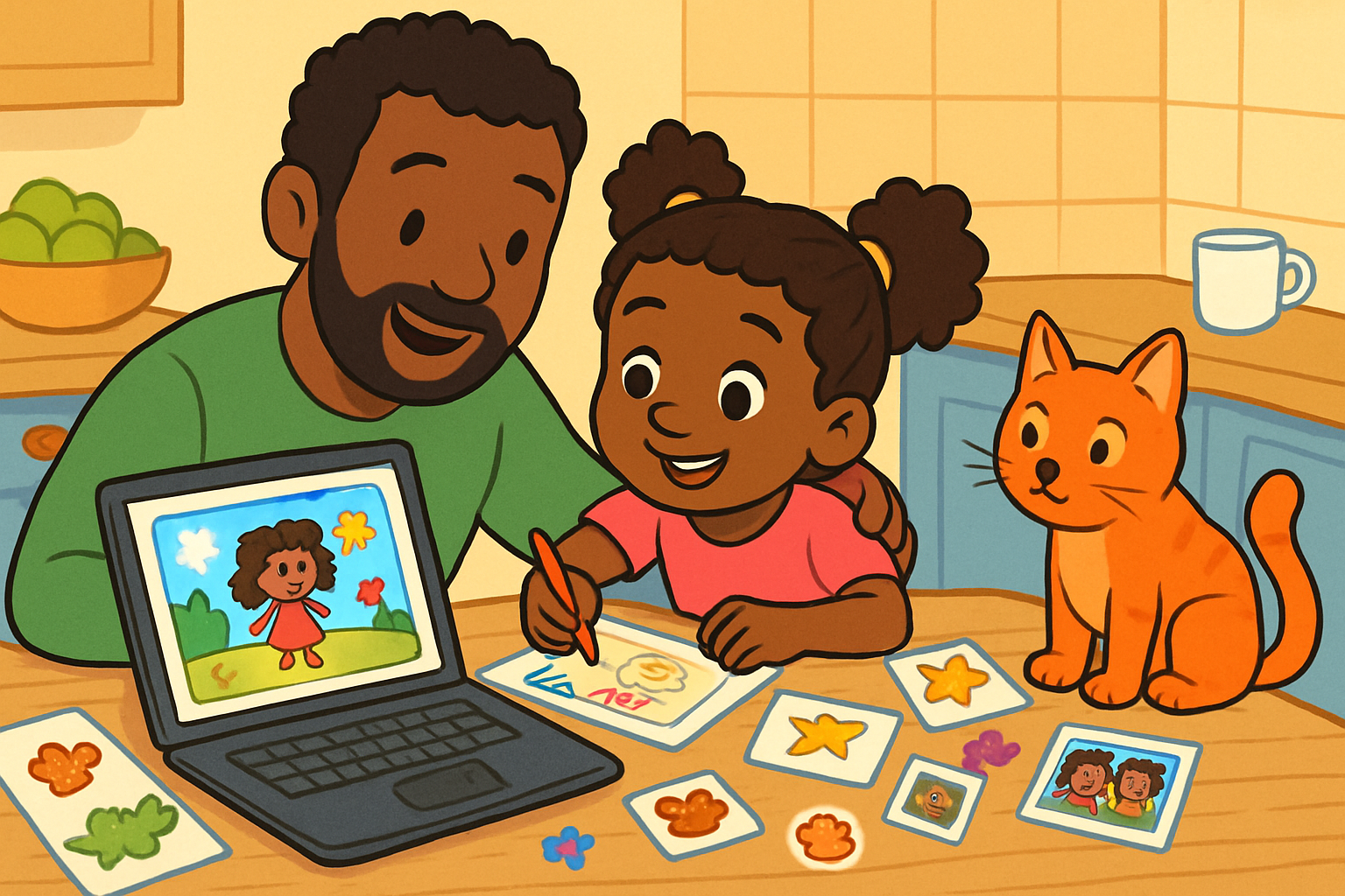 Illustratie van een ouder en kind die samen aan tafel een eigen kinderboek maken