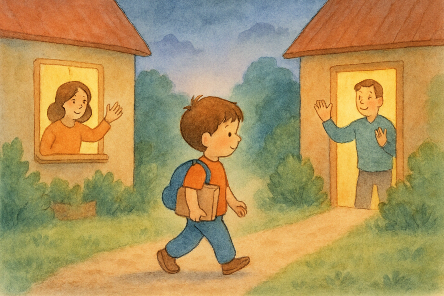 Illustratie van een kind met een boek tussen twee huizen, allebei warm verlicht