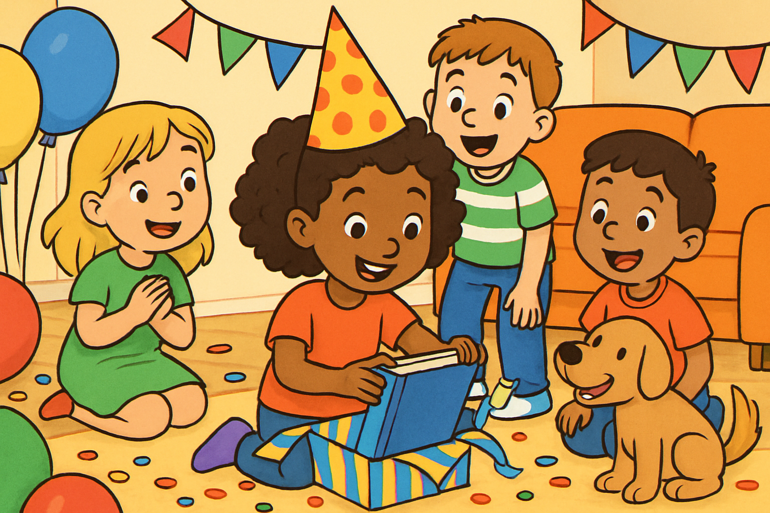 Illustratie van een jarig kind met een feestmuts dat een cadeau met een boek erin uitpakt