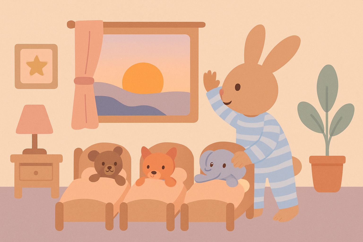 Moderne illustratie van een konijntje in pyjama dat zijn knuffels instopt en naar de ondergaande zon zwaait