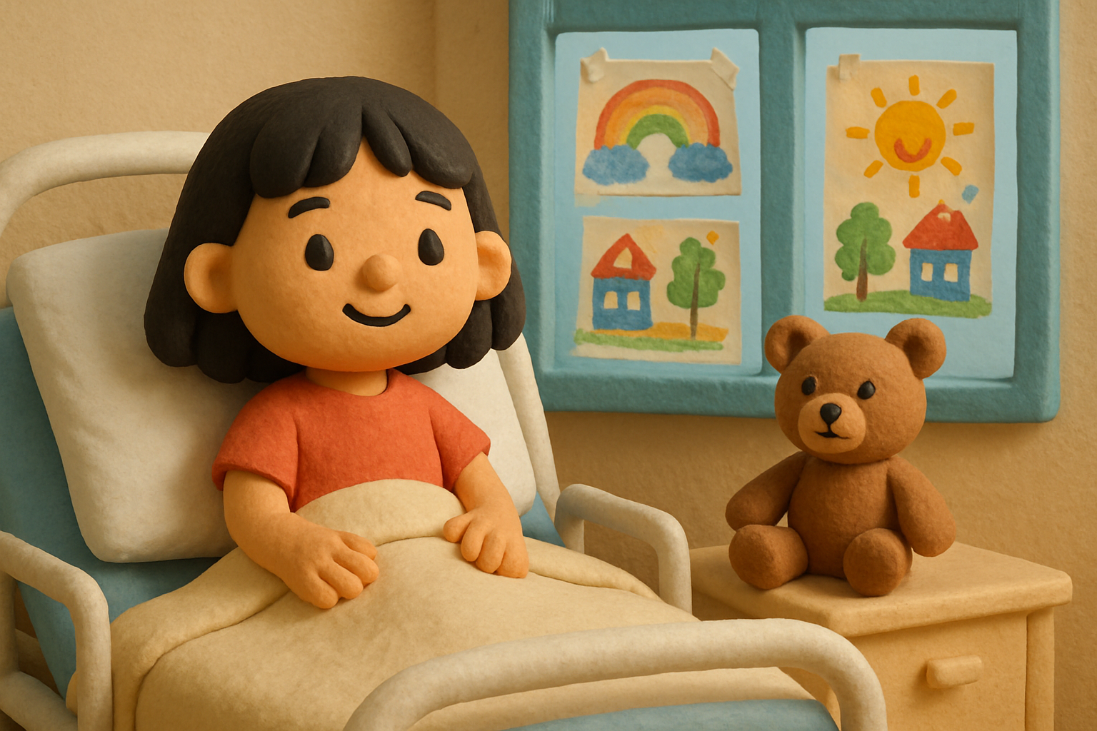 Klei-illustratie van Liv in een vrolijk ziekenhuisbed, met haar teddybeer als wachtpost op het nachtkastje