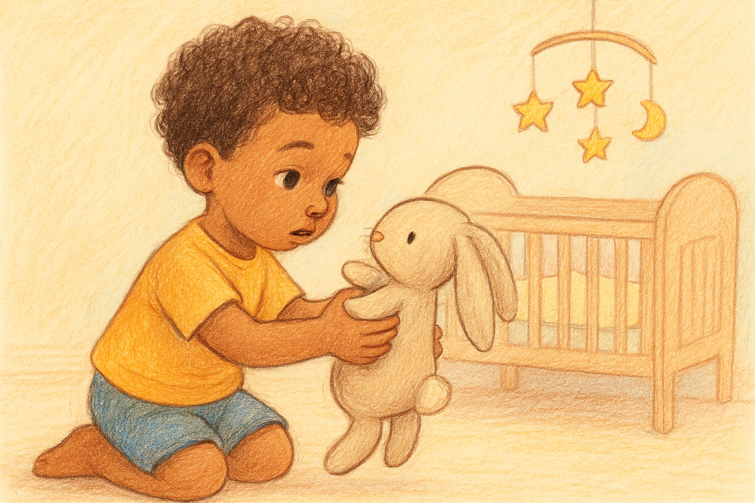 Kleurpotloodillustratie van Mees die bij het wiegje heel voorzichtig een knuffelkonijn optilt