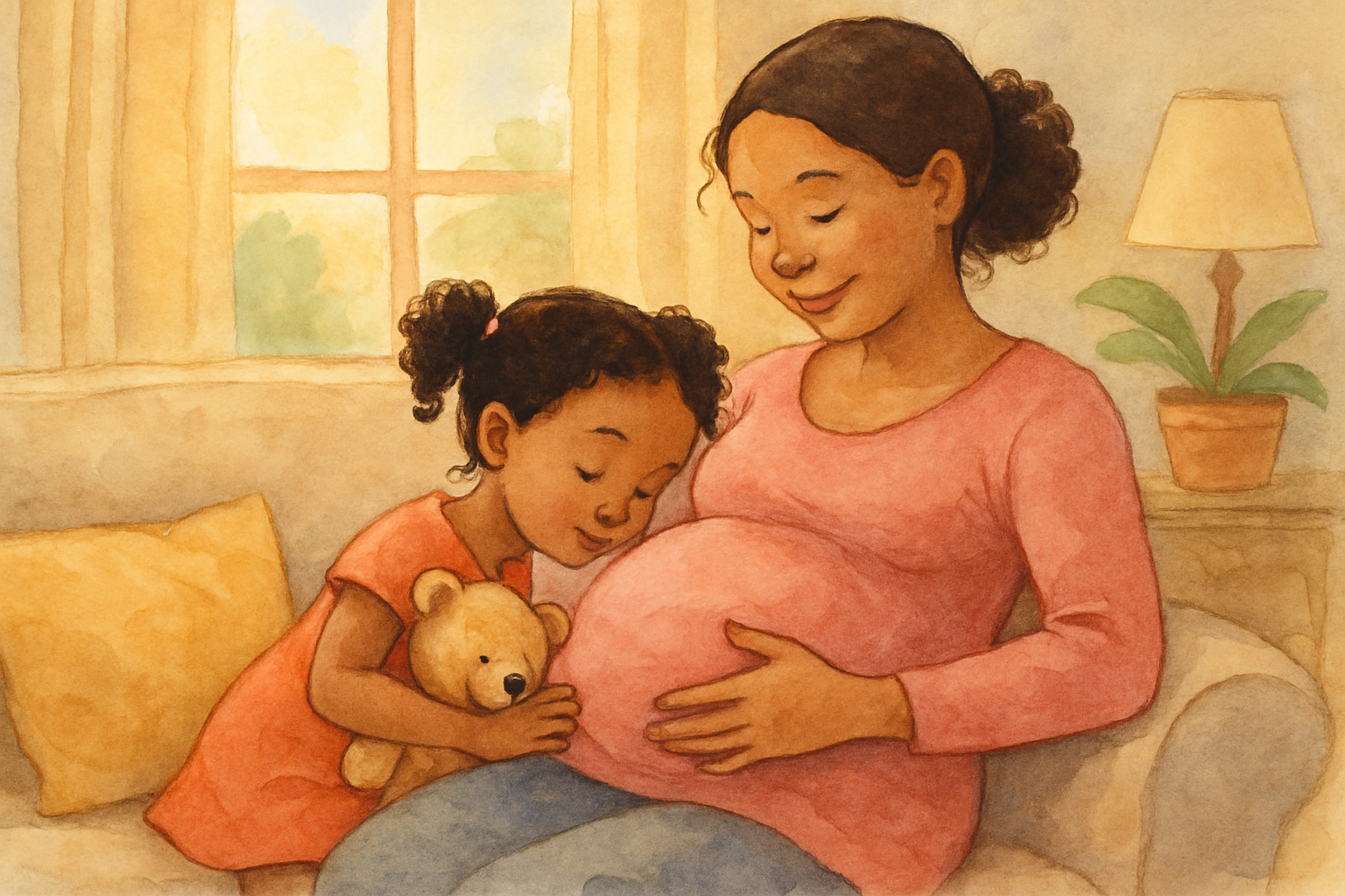 Waterverfillustratie van Fien die met haar knuffelbeer tegen mama's zwangere buik praat