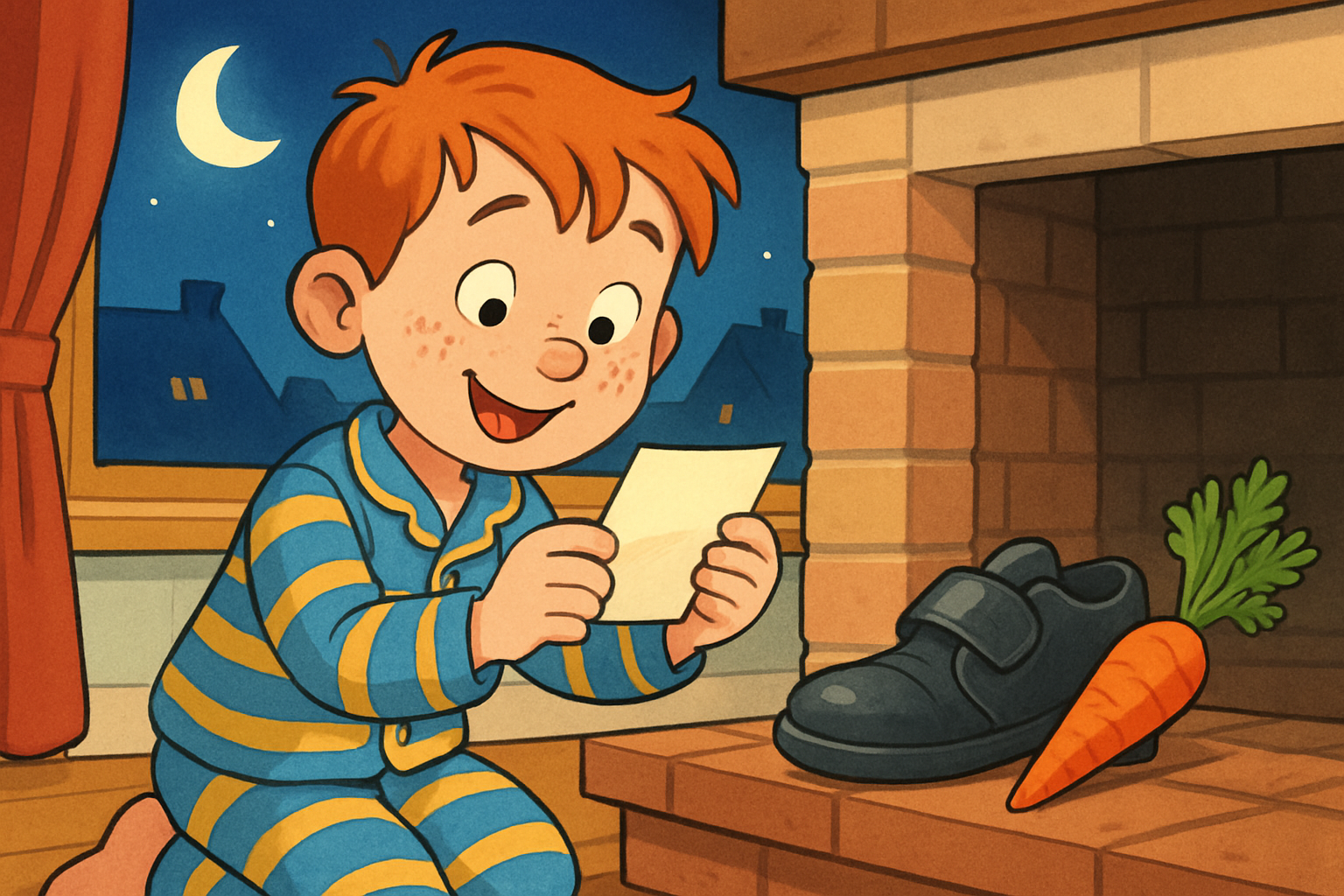 Cartoonillustratie van Sem die 's avonds een briefje van Sinterklaas in zijn schoen bij de schoorsteen vindt